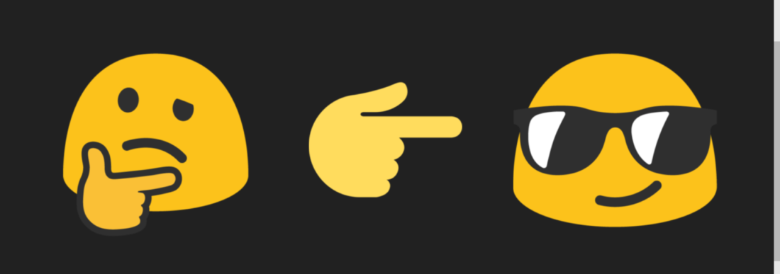 Representing the idea of reflective thought and action, in order: the "thinking face" emoji, the "right pointing hand" emoji, and the "cool sunglasses face" emoji.